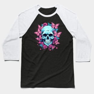 Butterfly Skull with Flowers and Pink Roses Baseball T-Shirt